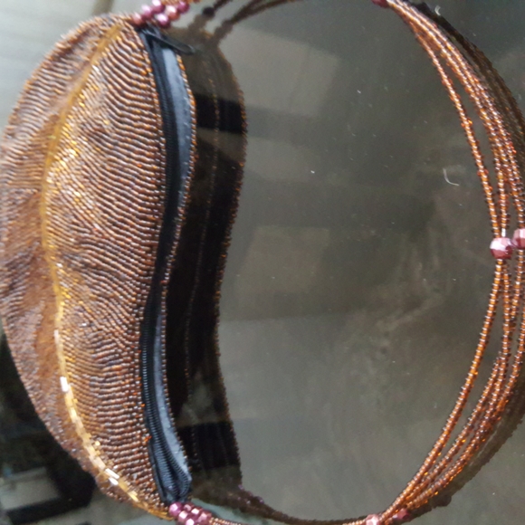 Brown/antique gold beaded evening bag (8 1/4" w by 5" h by 1 1/2" deep) - Picture 2 of 8